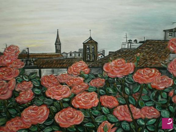 quadri in vendita online - Terrazzo di Firenze con rose