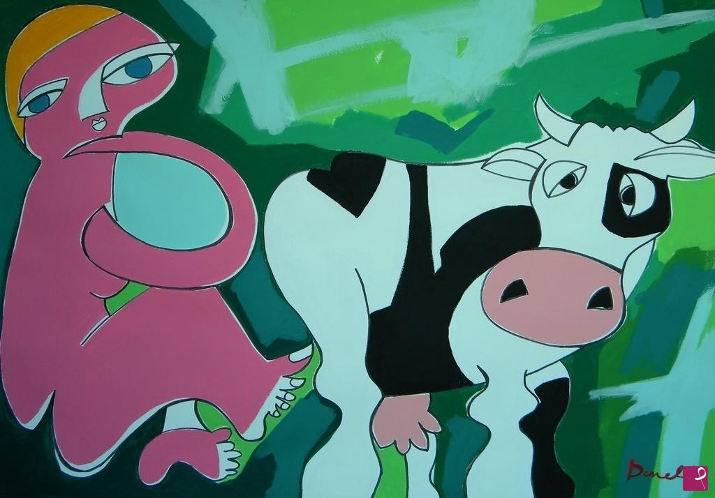 quadri in vendita online - The girl and the cow
