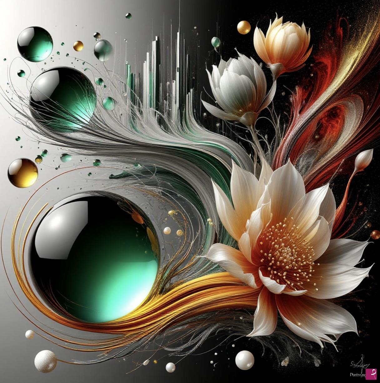 quadri in vendita online - Three glass spheres and three flowers