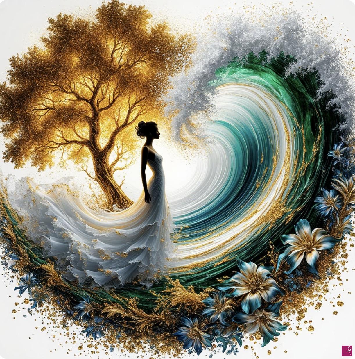 quadri in vendita online - Three, woman in dress, waves 