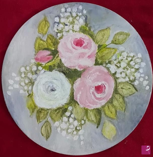 quadri in vendita online - TONDO CON MAZZO DI ROSE E FIORI BIANCHI