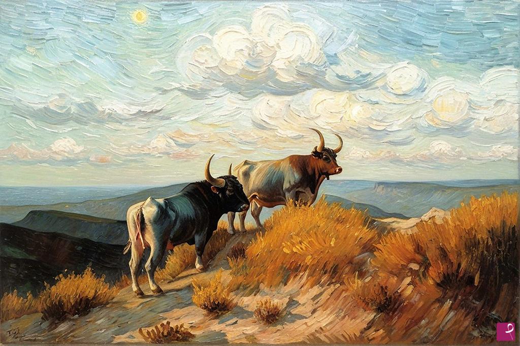 quadri in vendita online - Tori in cima alla collina