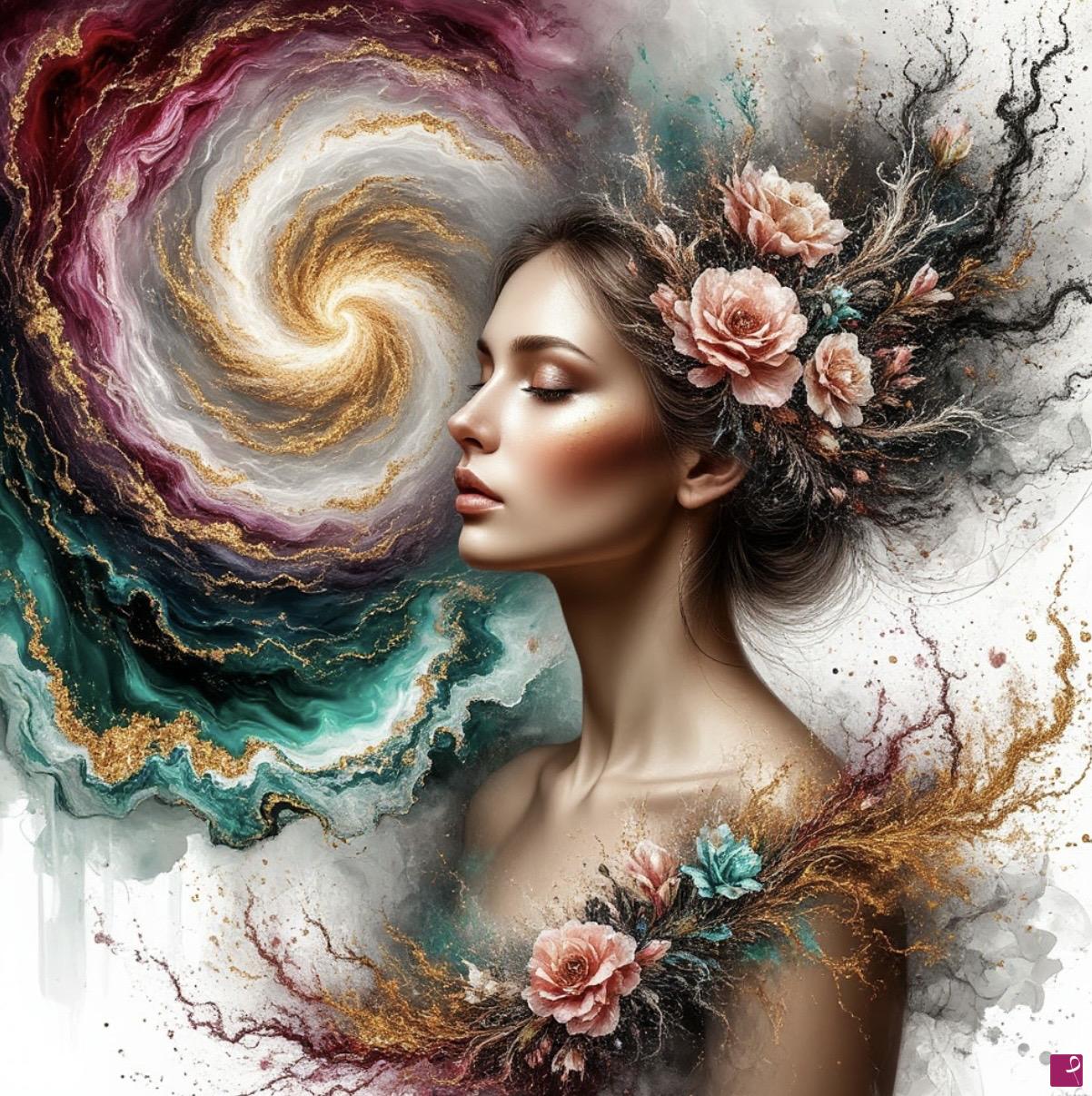 quadri in vendita online - Tornado and girl with flowers ihead