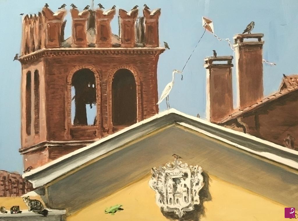 quadri in vendita online - Torre di Piazza con merli da Pescheria Nuova con airone con aquilone ed altri animali