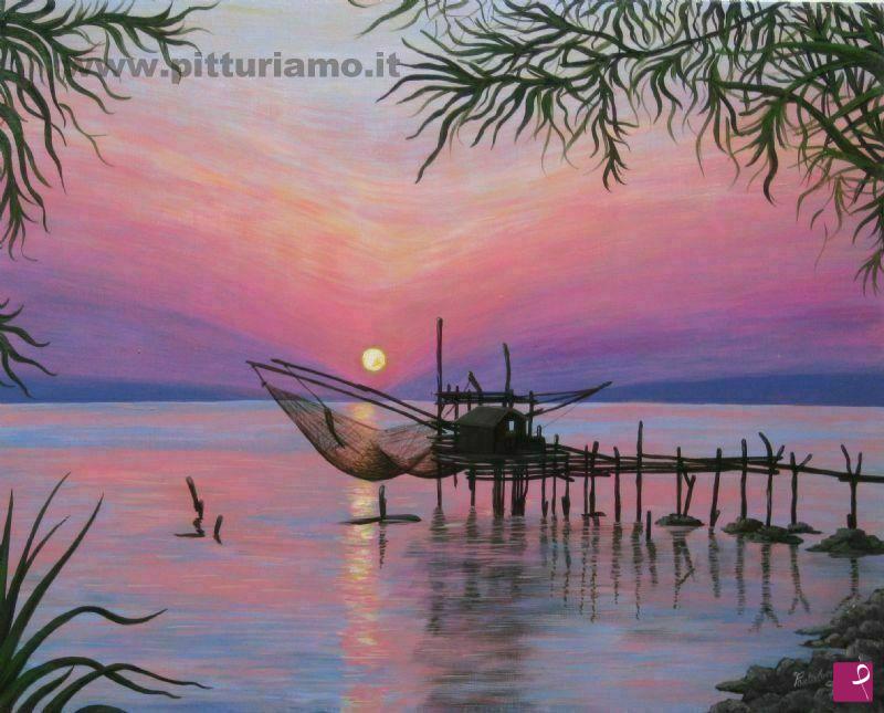 quadri in vendita online - Trabocco al tramonto realistico