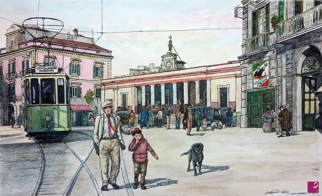 quadri in vendita online - Tram a Piazza Ferrovia, anni '40