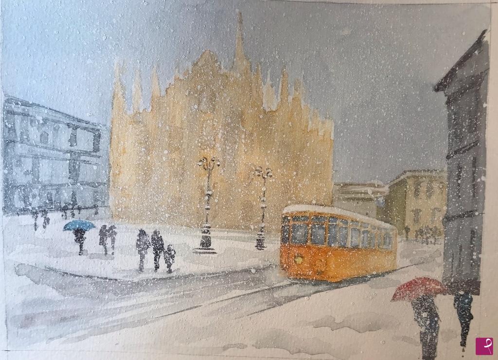 quadri in vendita online - Tram intruso in piazza Duomo