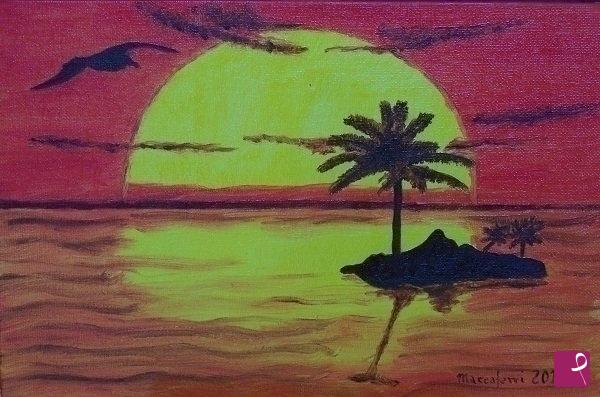 quadri in vendita online - Tramonto - il mare e un albero di palma