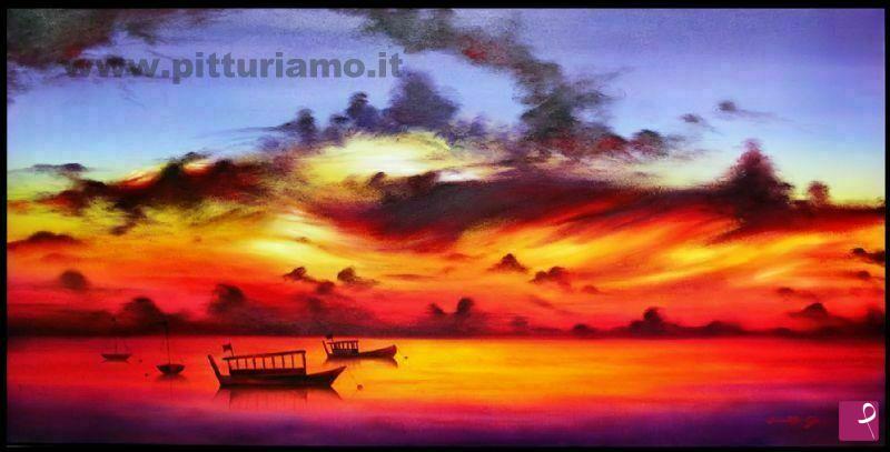 quadri in vendita online - Tramonto con barche