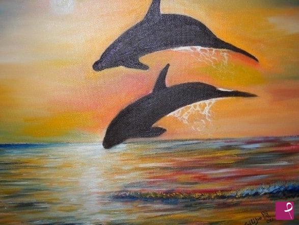 quadri in vendita online - Tramonto con Delfini