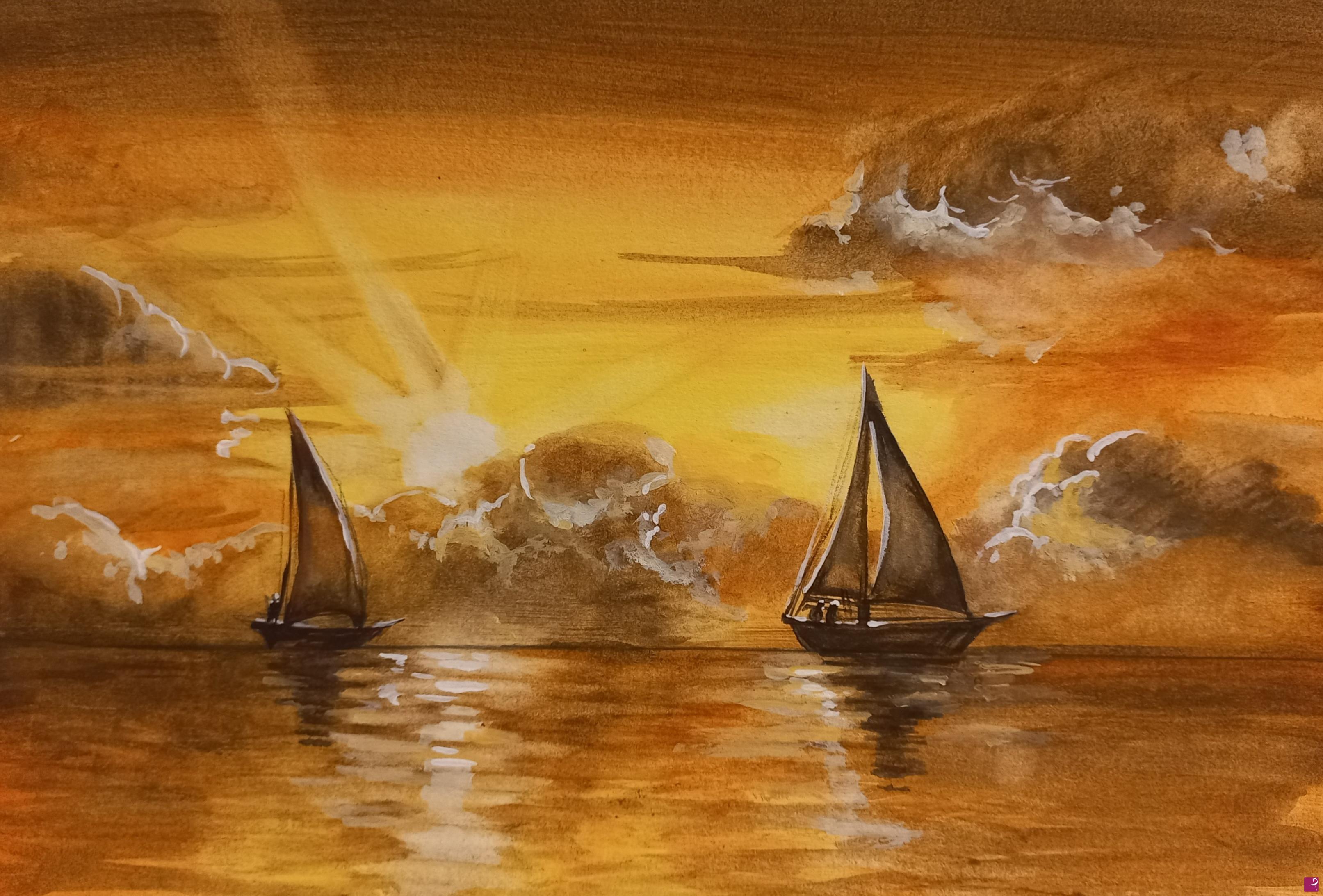 quadri in vendita online - tramonto con due barche