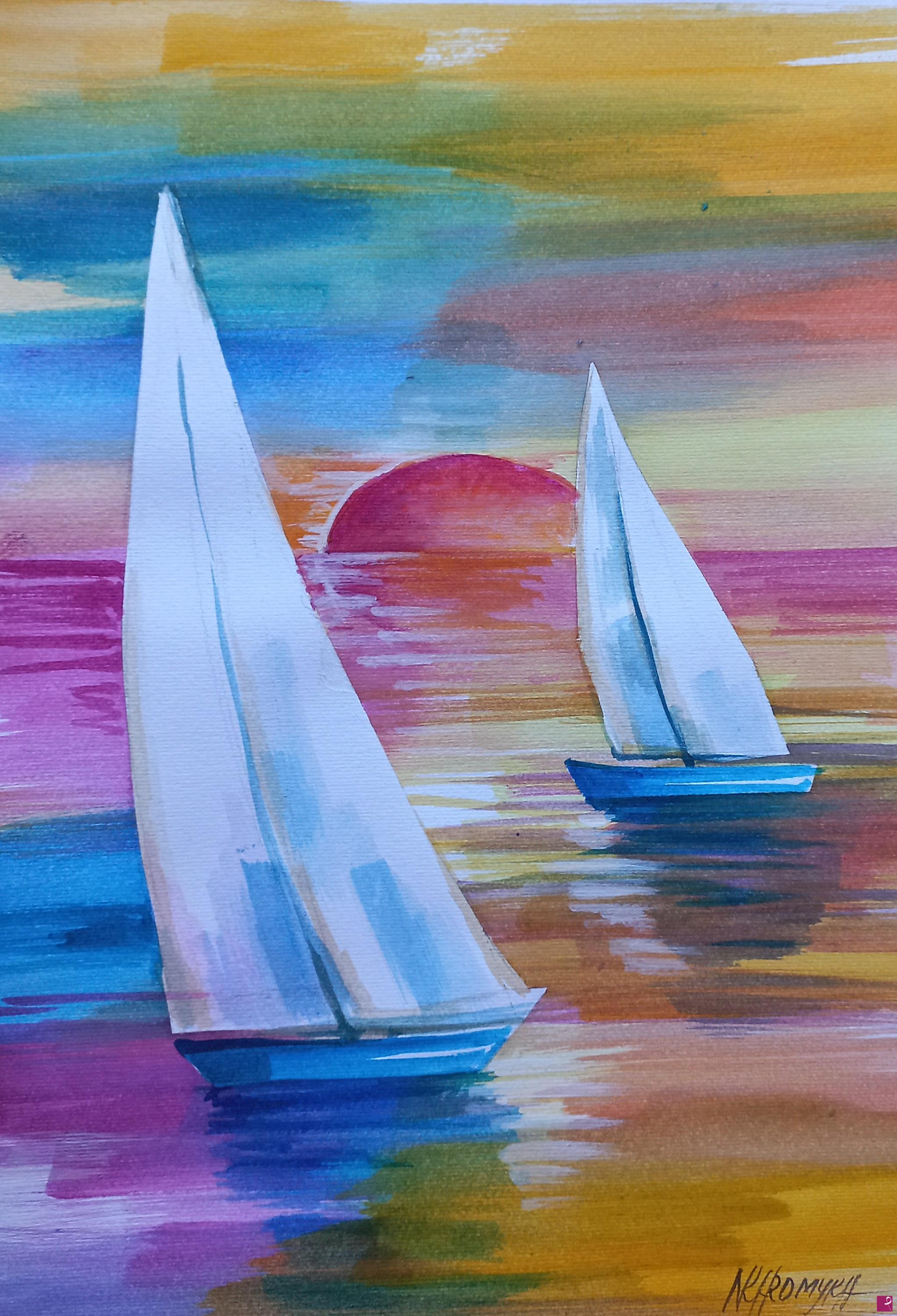 quadri in vendita online - tramonto con due barche
