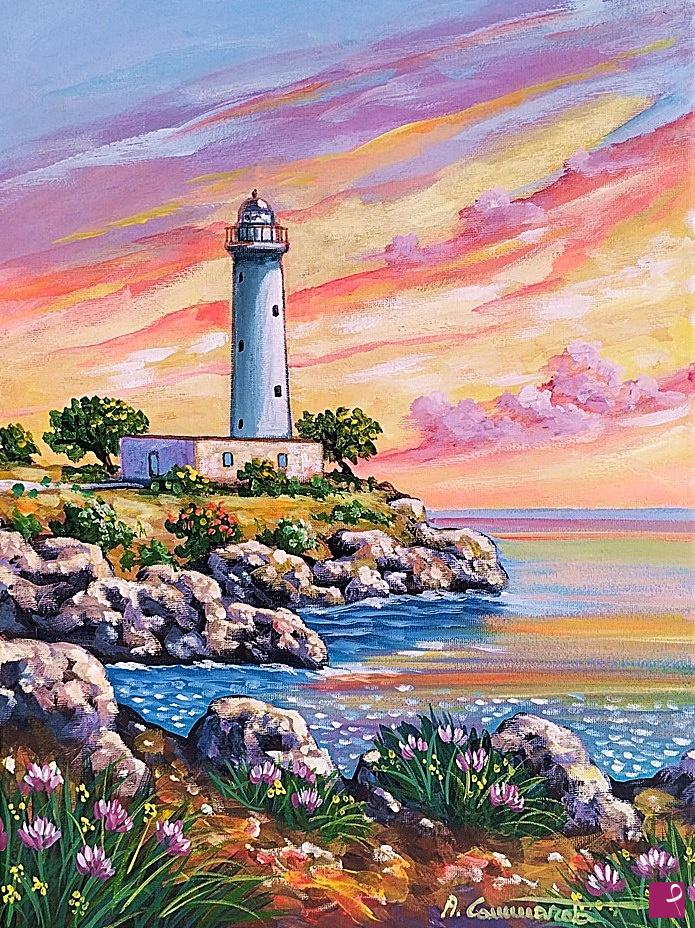 quadri in vendita online - Tramonto con faro