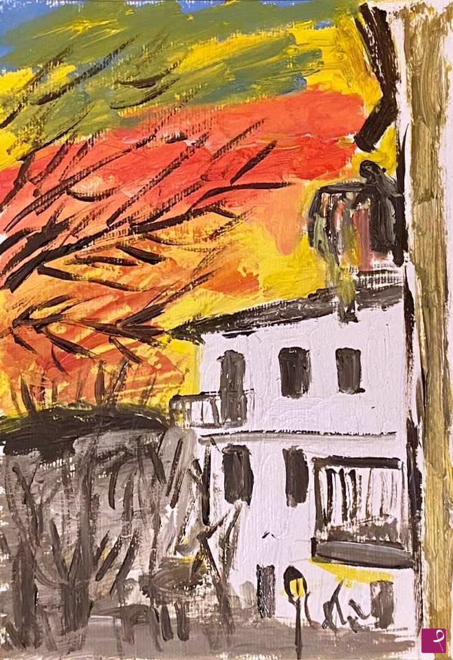 quadri in vendita online - Tramonto davanti casa 