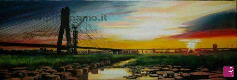 quadri in vendita online - Tramonto dietro il ponte