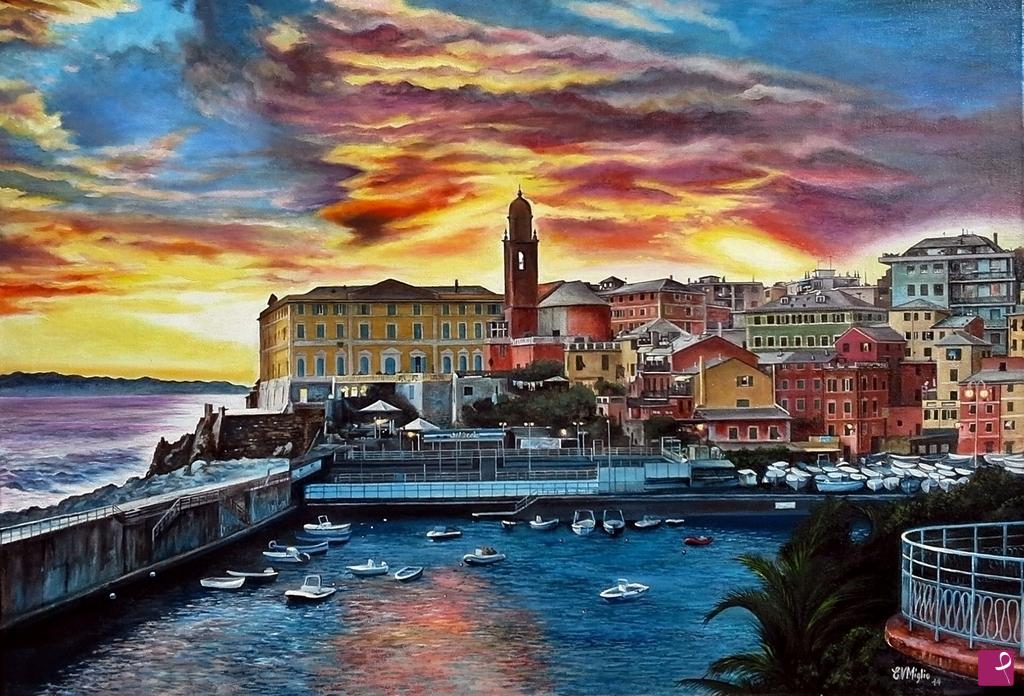 quadri in vendita online - Tramonto infuocato al porticiolo di Nervi