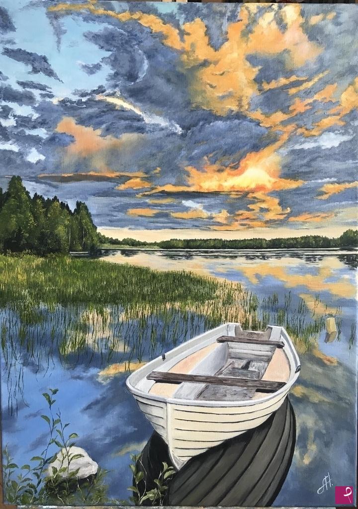 quadri in vendita online - Tramonto lago barca