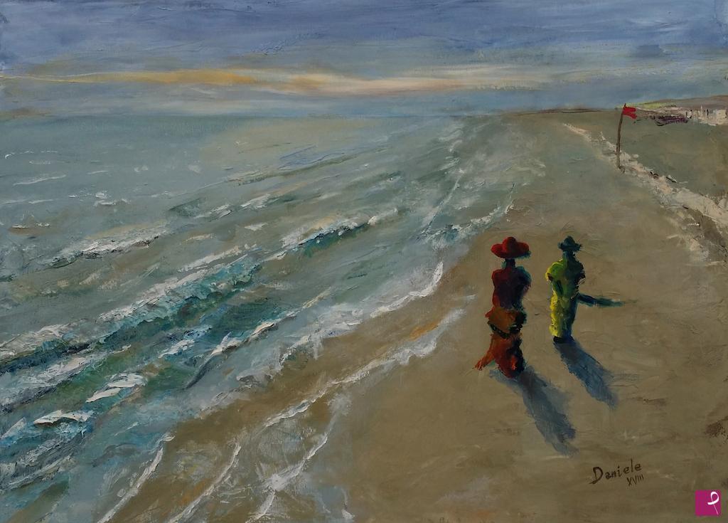 quadri in vendita online - Tramonto: passeggiata con mare mosso.