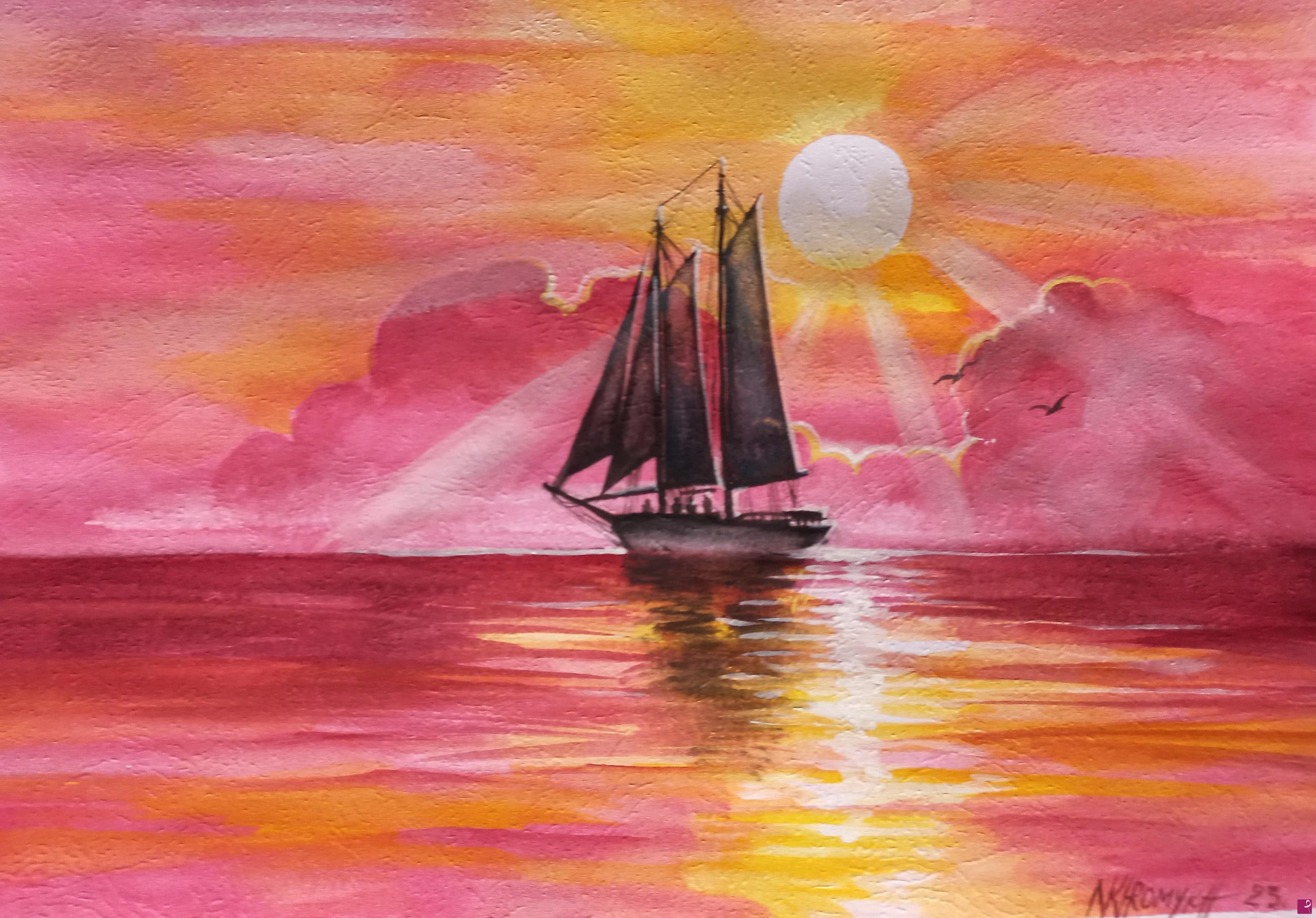 quadri in vendita online - tramonto rosso con la  nave