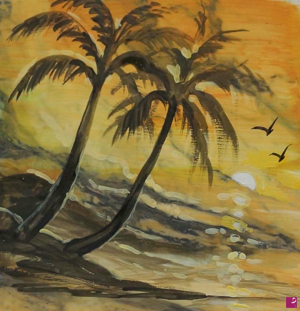 quadri in vendita online - tramonto sul mare con palme tropicali
