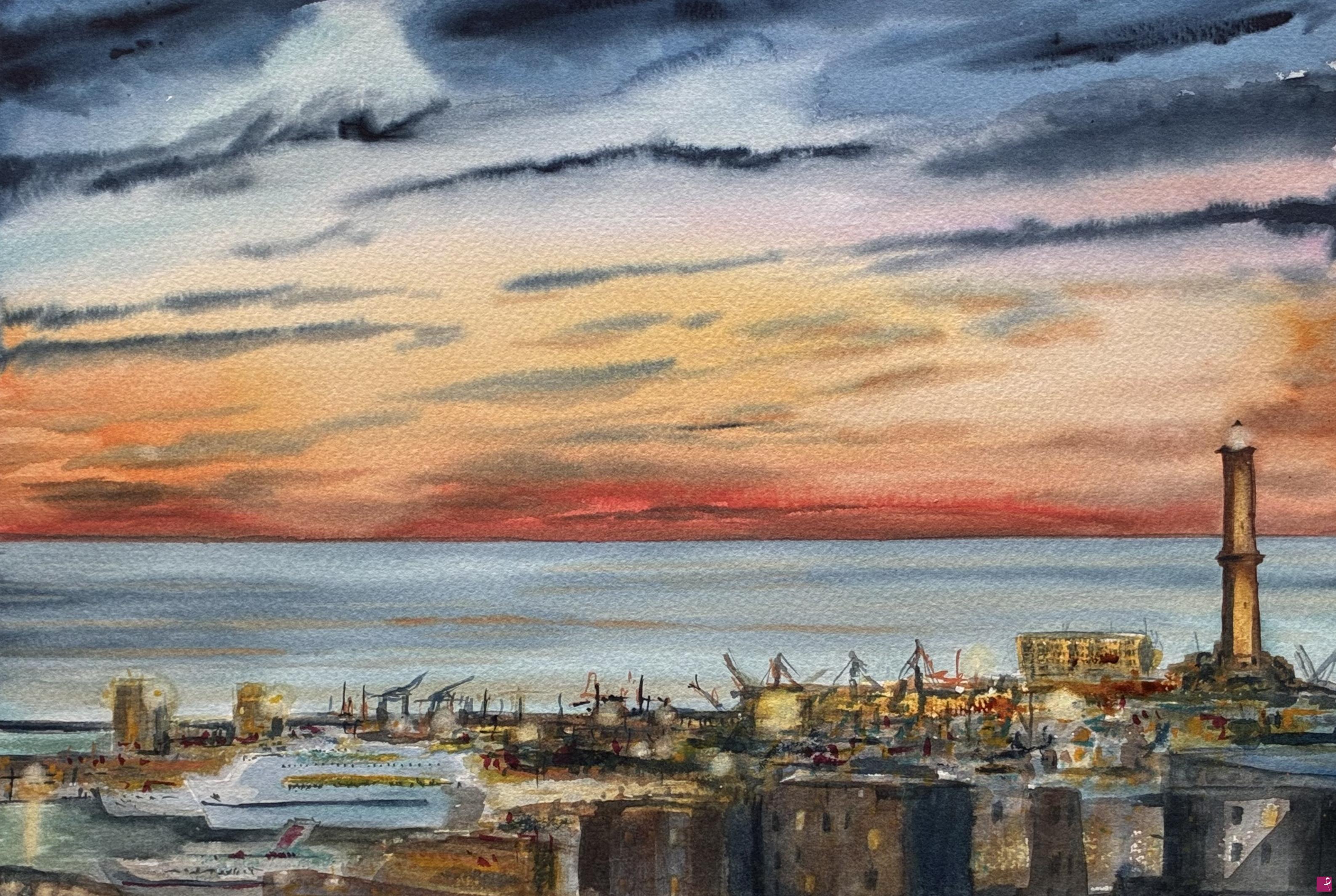 quadri in vendita online - Tramonto sul porto