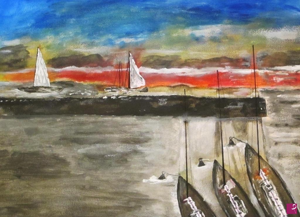 quadri in vendita online - Tramonto sul porto Genova