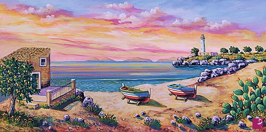 quadri in vendita online - Tramonto sulla baia 