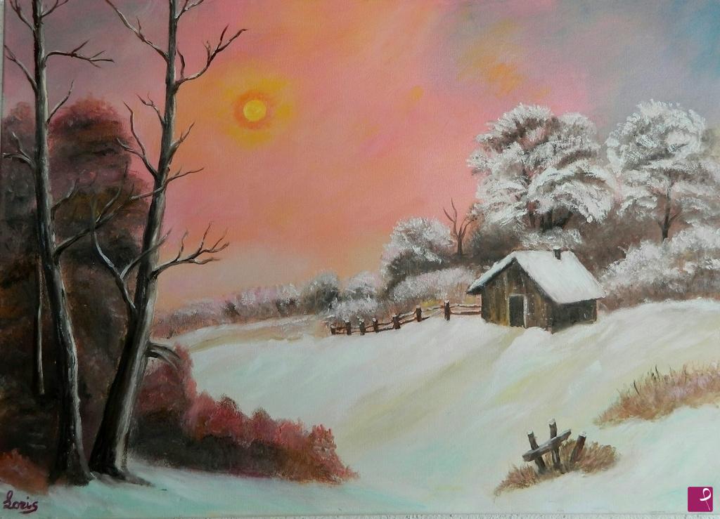 quadri in vendita online - Tramonto sulla neve