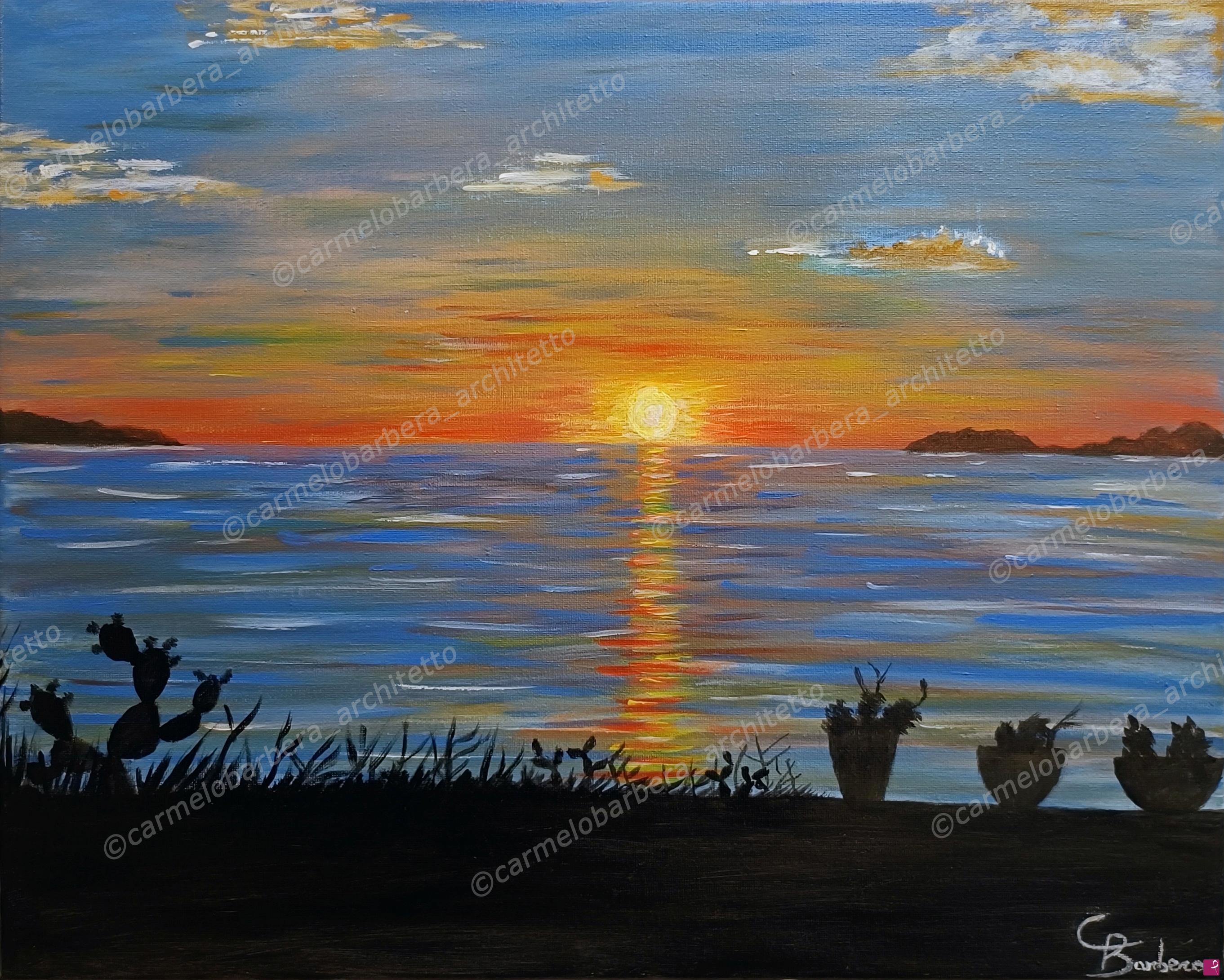 quadri in vendita online - Tramonto sulle Isole Eolie da capo Milazzo