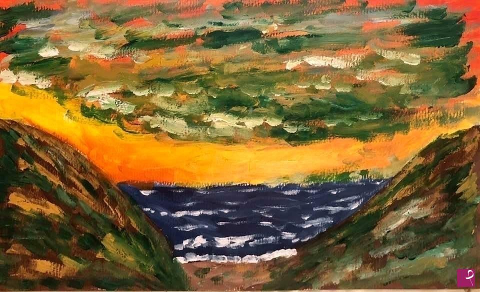 quadri in vendita online - Tramonto verde sul mare