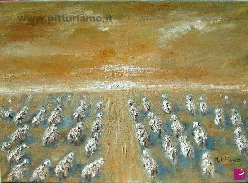 quadri in vendita online - transumanza di pecore al tramonto