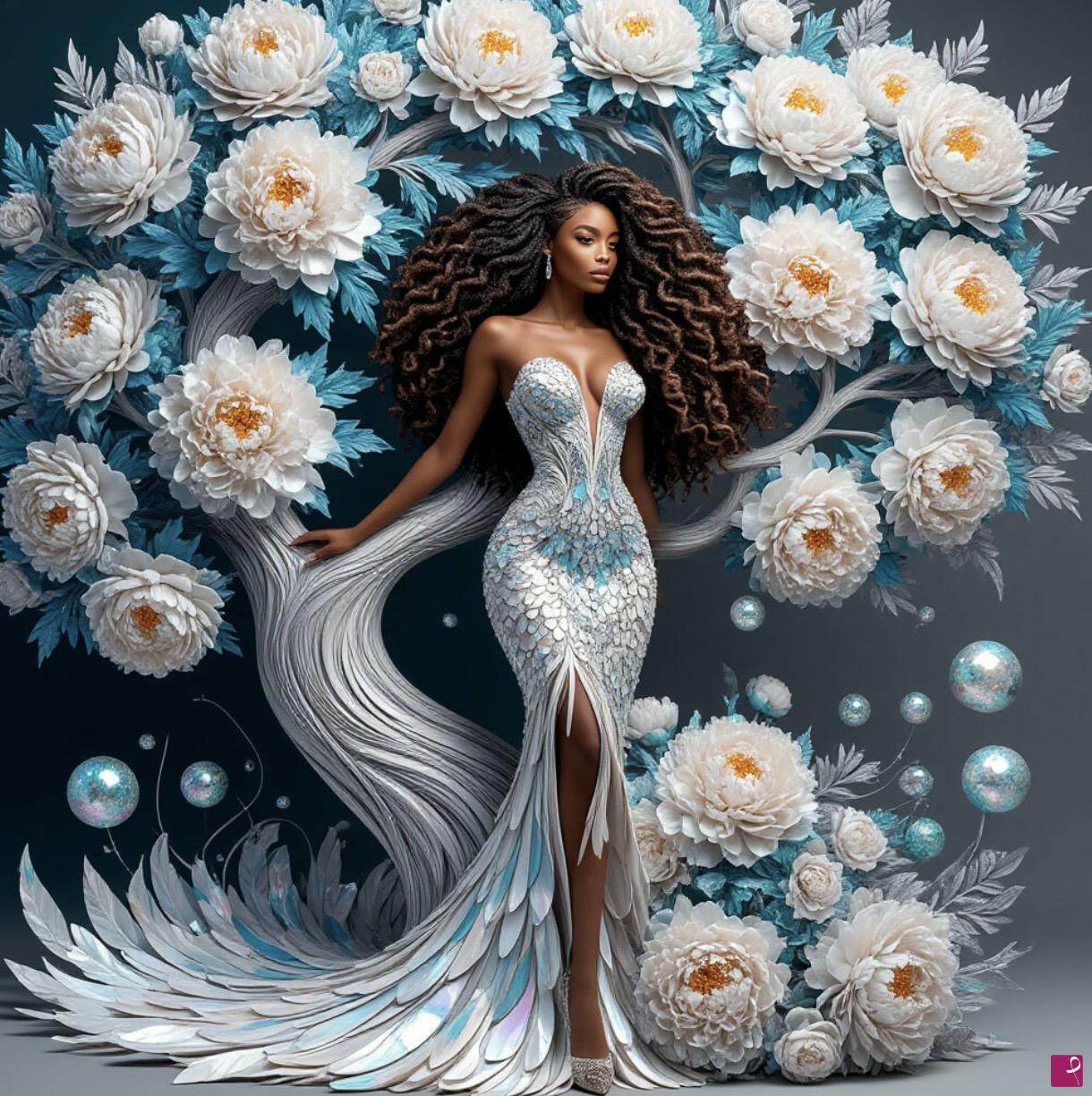 quadri in vendita online - Tree with blue flowers, beautiful woman 