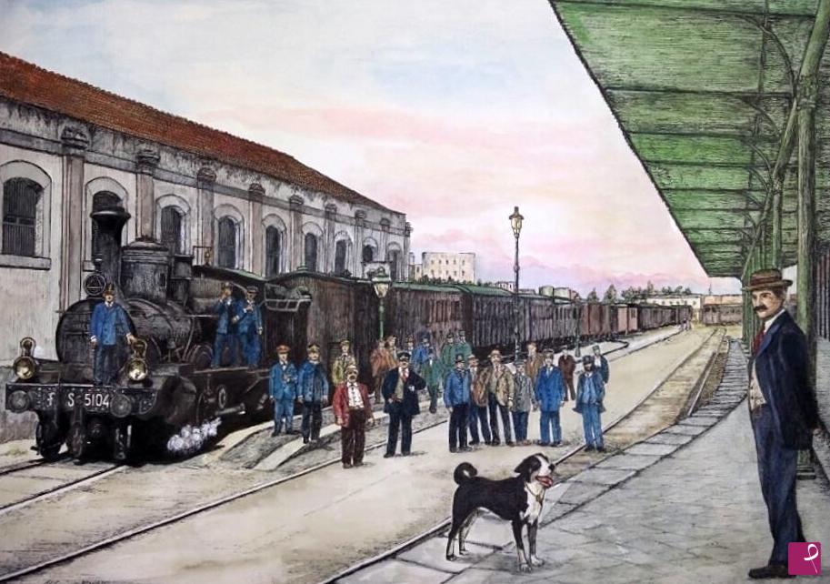 quadri in vendita online - Treno a vapore, anni '40 a Castellammare di Stabia, nella stazione FFSS