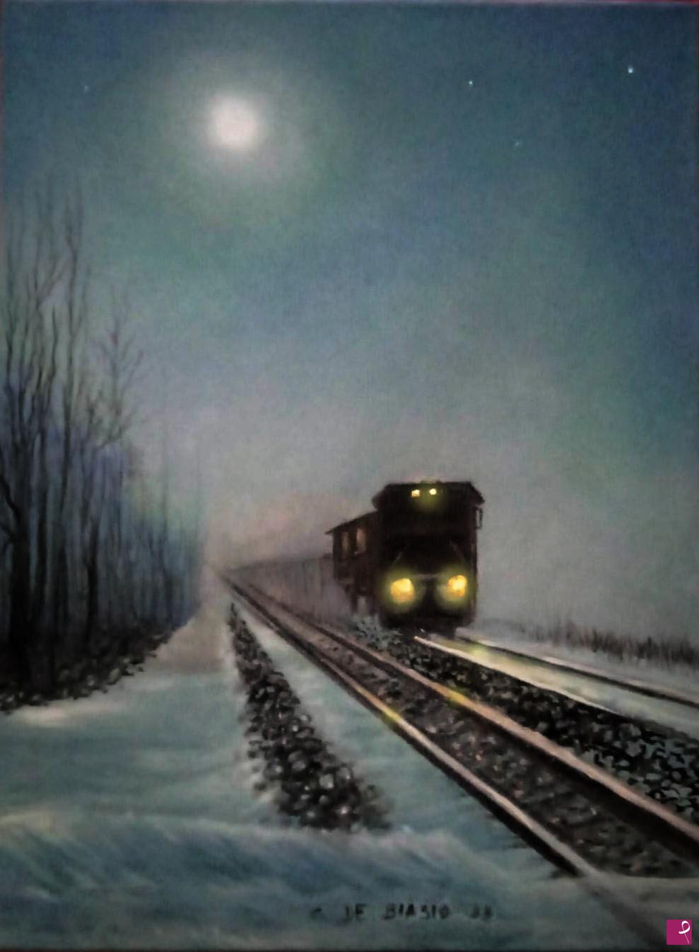 quadri in vendita online - treno  nella  notte...olio   su   tela  30x40