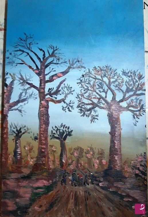 quadri in vendita online - tribù indigena cammina sotto i baobabs in mozambico 