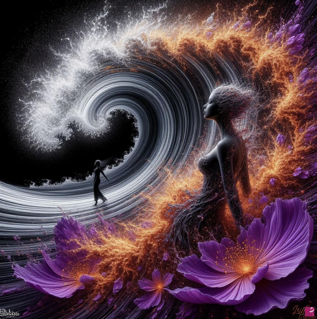 quadri in vendita online - tsunami, flowers and a girls