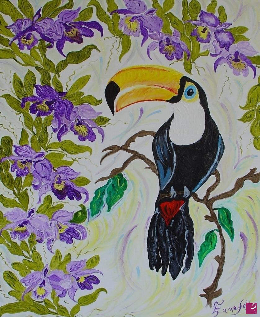 quadri in vendita online - Tucano tra orchidee