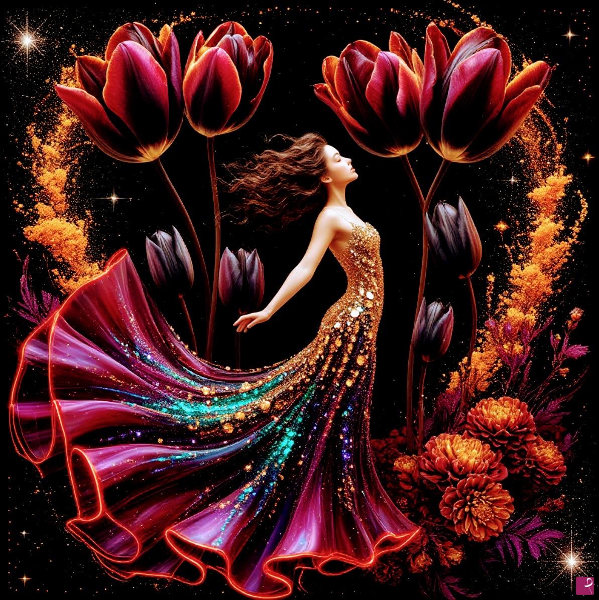 quadri in vendita online - Tulips and woman in long dress 