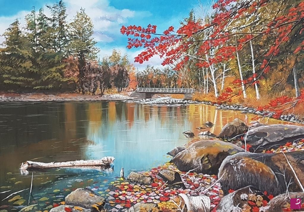 quadri in vendita online - Tutti i colori dell'autunno sul lago