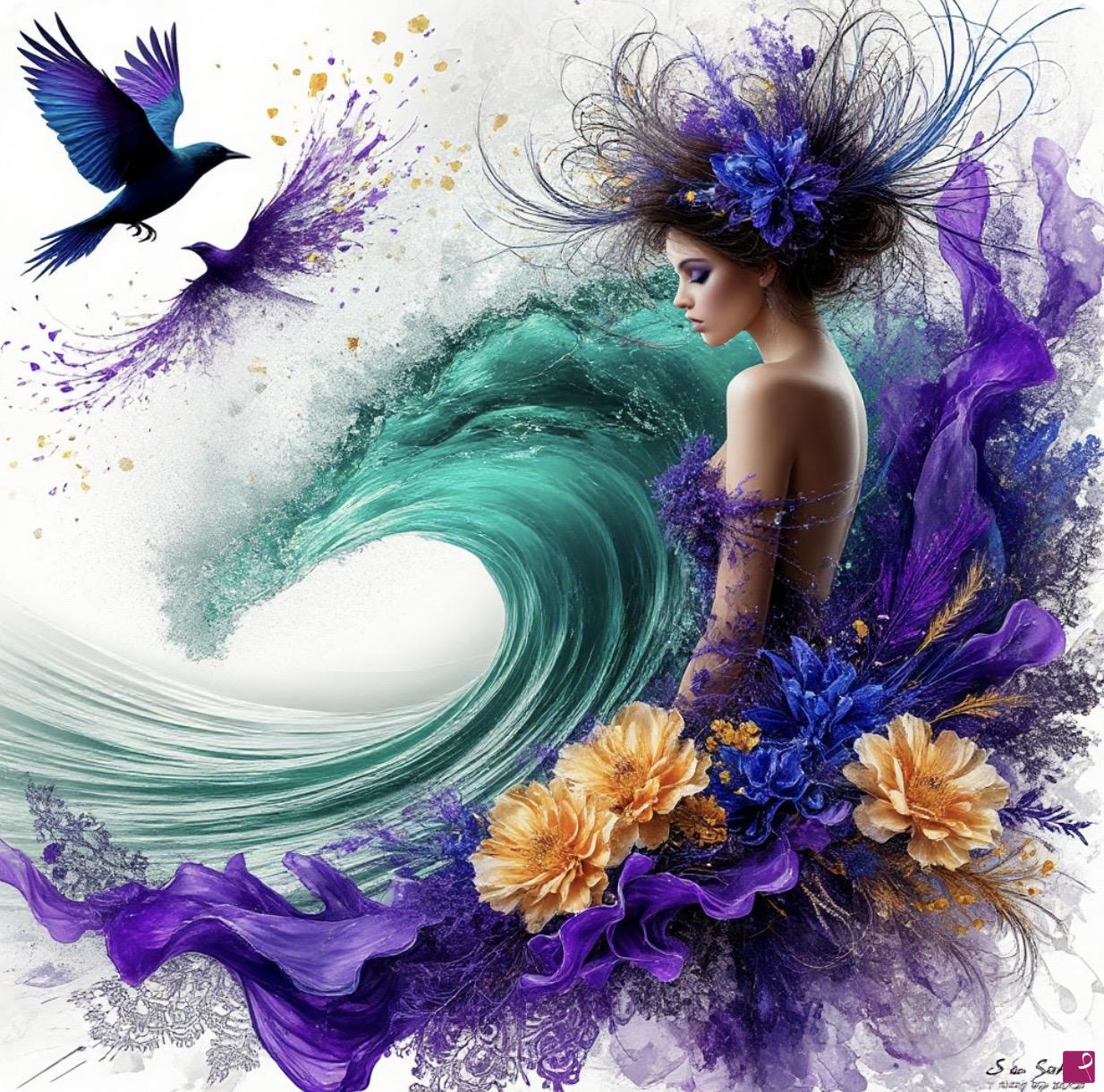 quadri in vendita online - Two birds, sea waves, beautiful girl in flowers 