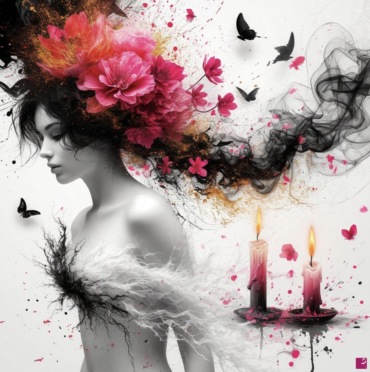 quadri in vendita online - Two candle, girl with flower 