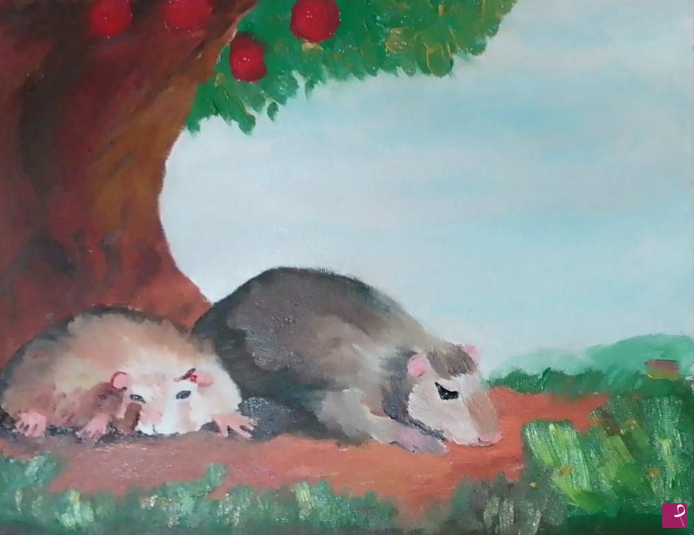quadri in vendita online - Two large rats under an apple tree