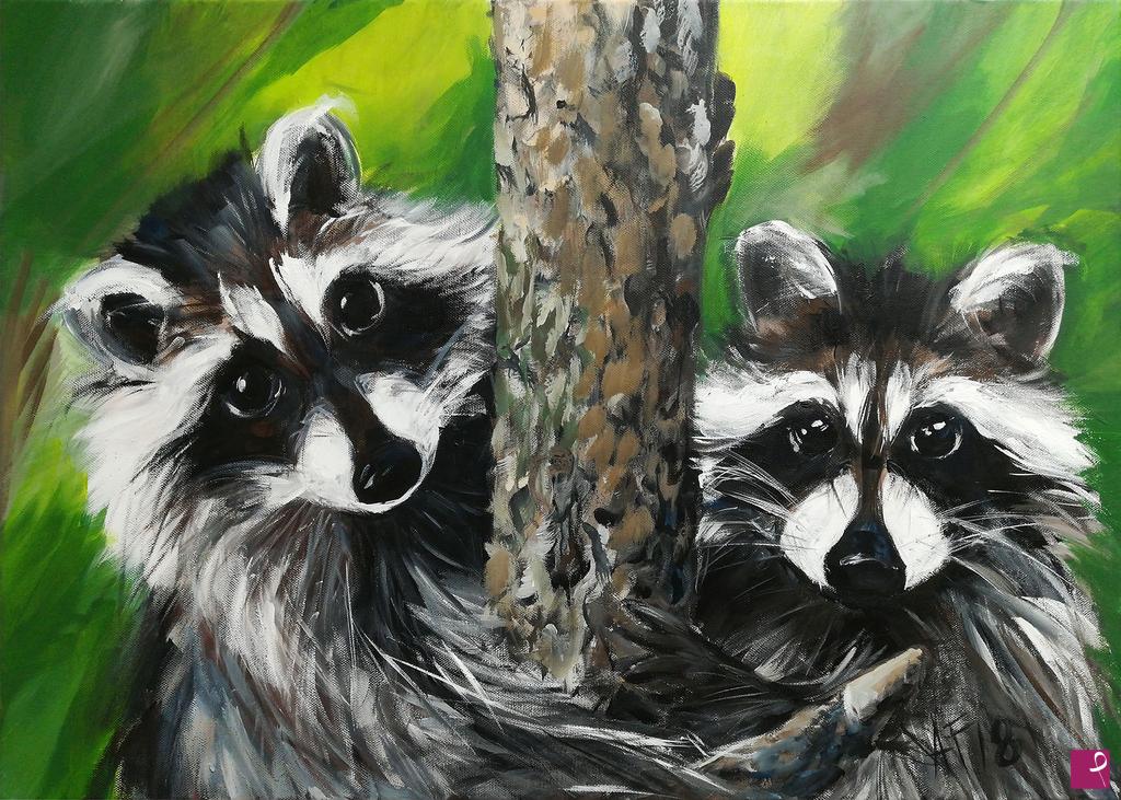 quadri in vendita online - Two lovely guys - Portrait of raccoons