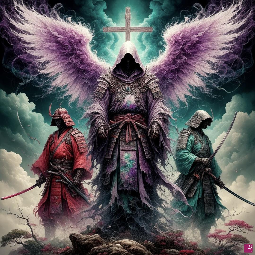 quadri in vendita online - Two samurai and their guardian angel