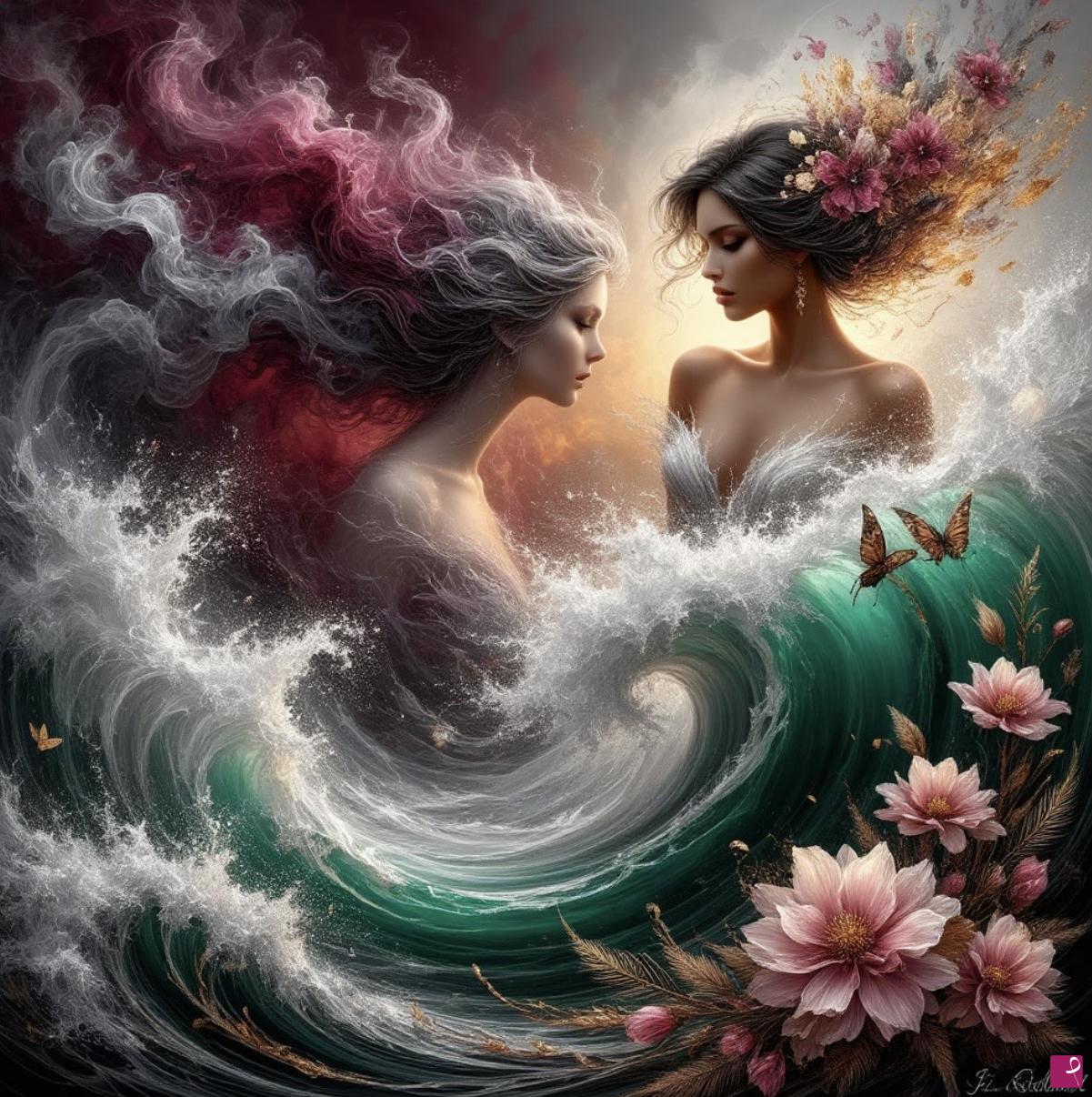 quadri in vendita online - Two sisters in storms ocean 