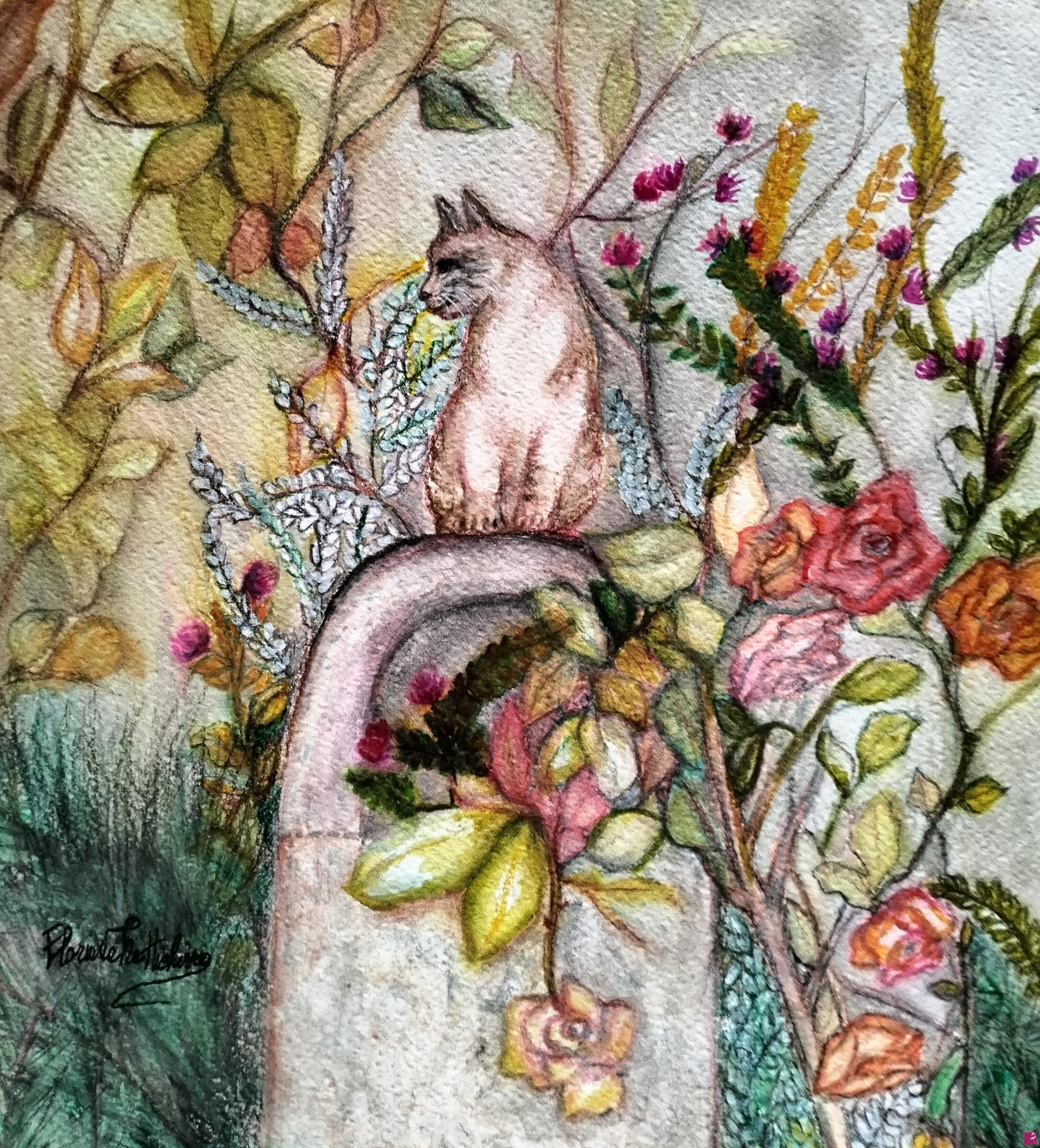 quadri in vendita online - Un gatto nel giardino.