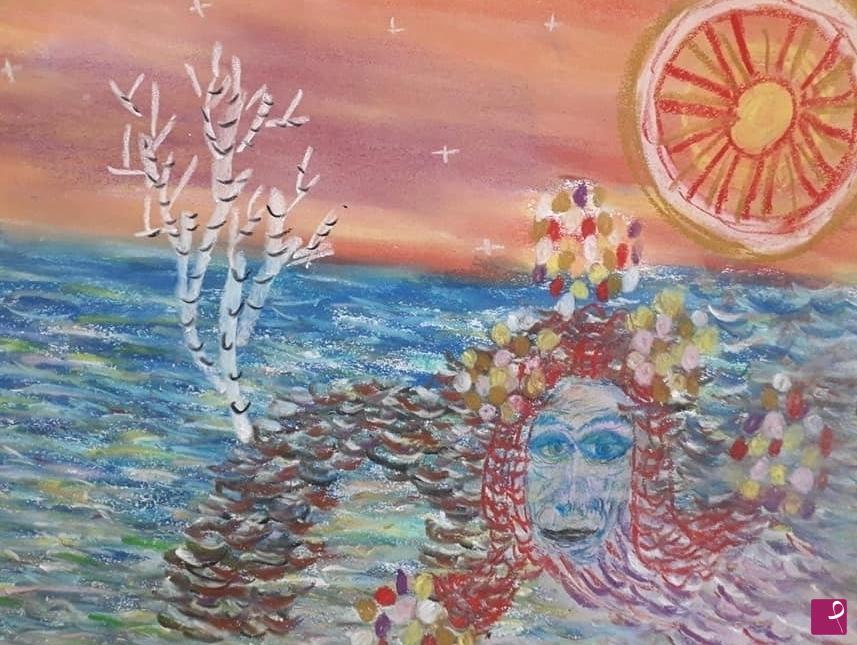 quadri in vendita online - Un paesaggio irreale con sole mitico, stelle, fiori, mare, nuraghi, una betulla e un'undina
