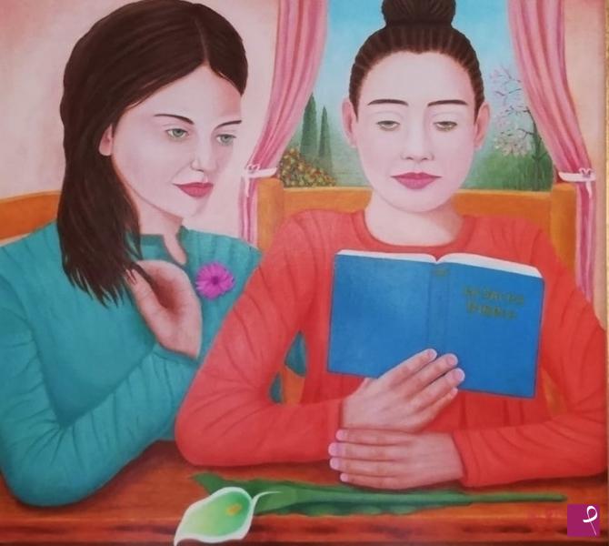 quadri in vendita online - Una madre con la figlia che leggono la bibbia