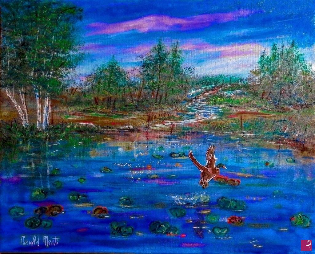 quadri in vendita online - Un'anatra su uno stagno, / verdi erbosi,/ un cielo d'alba fuxia, / nuvole in volo: / questa è cosa / da ricordare per anni. 