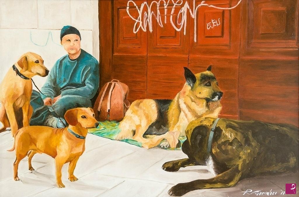 quadri in vendita online - Uomo con cani